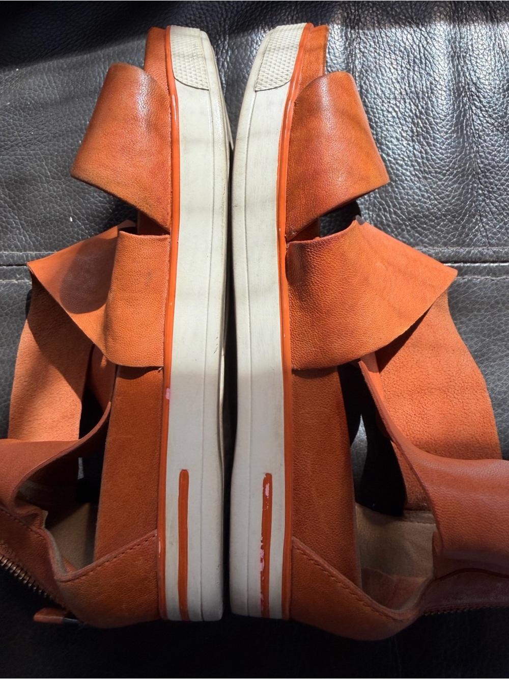 Eileen Fisher Orange Leather Crisscross Strap Sandals - Picture 7 of 8